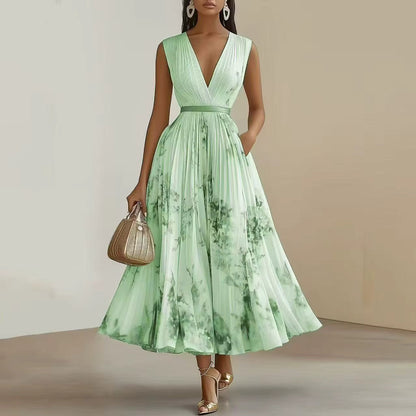 Women's Floral Pleated Maxi Dress – V-Neck, Ribbon Waist, Long Sleeve Style