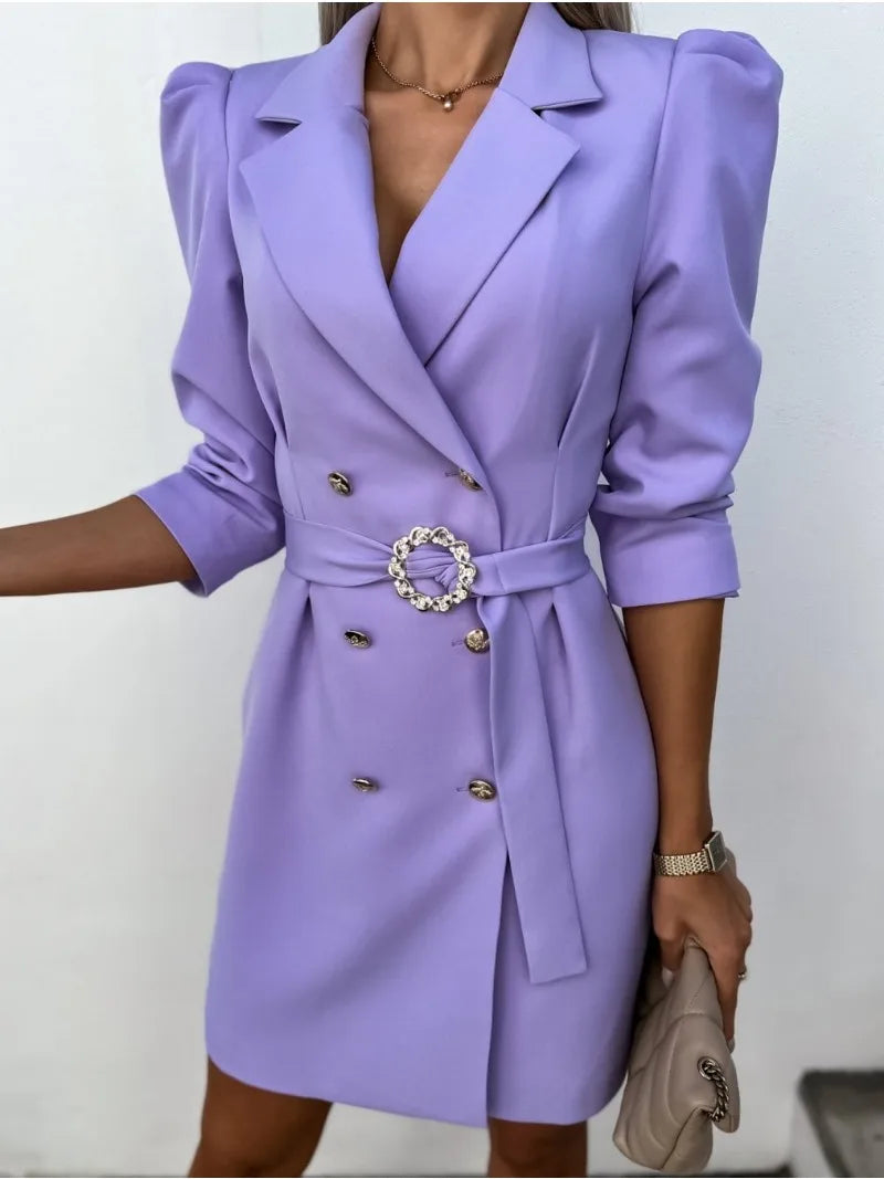Women's Printed Collar Midi Dress – Double Breasted, Belted, Tailored Fit