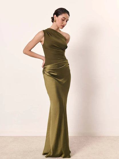 Women's One-Shoulder Satin Maxi Dress – Ruched Bodice, Elegant Formal Style