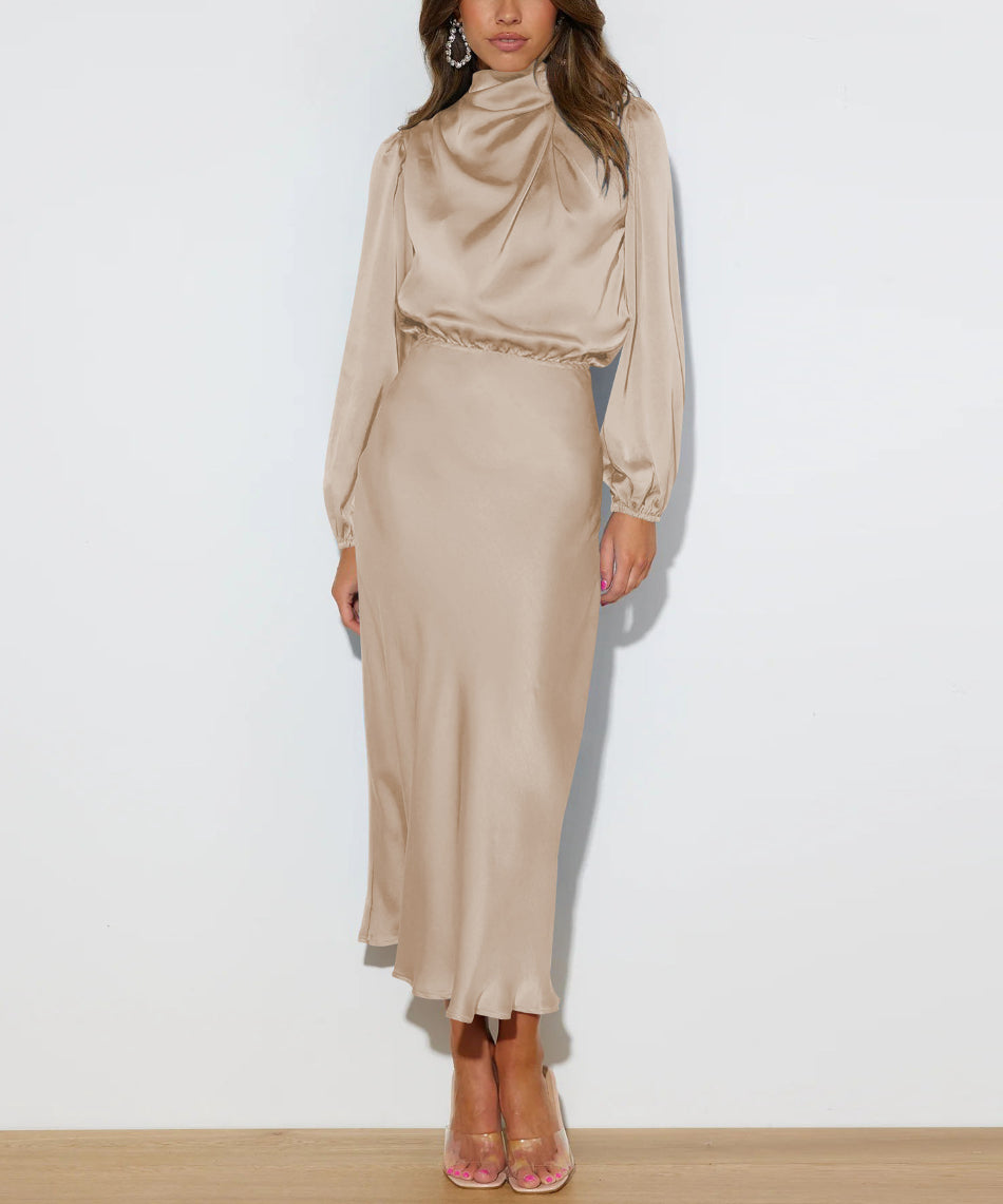 Women's Satin Maxi Dress – High Neck, Bishop Sleeves, Elegant Formal Style