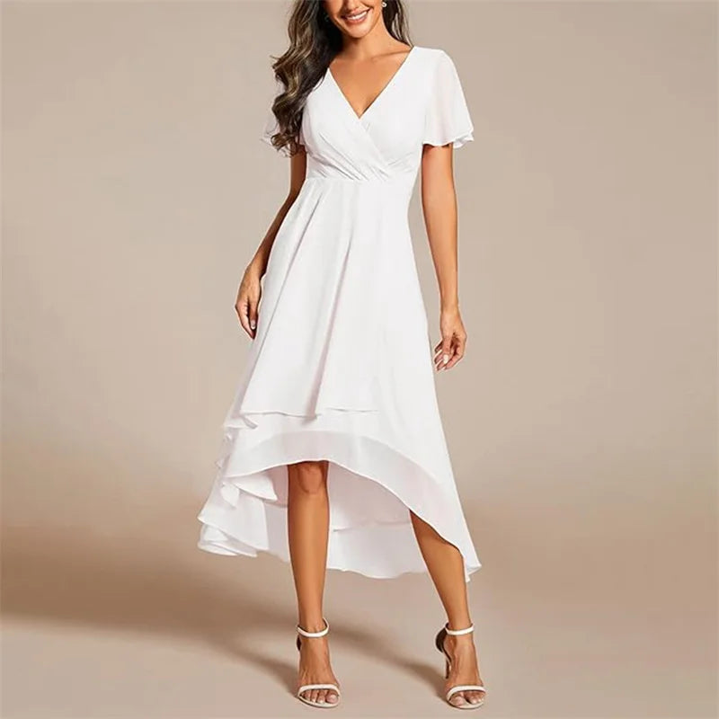 Women's Elegant Flowing A-Line Dress – V-Neck, Flutter Sleeve, Midi Length