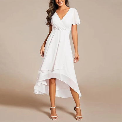 Women's Elegant Flowing A-Line Dress – V-Neck, Flutter Sleeve, Midi Length