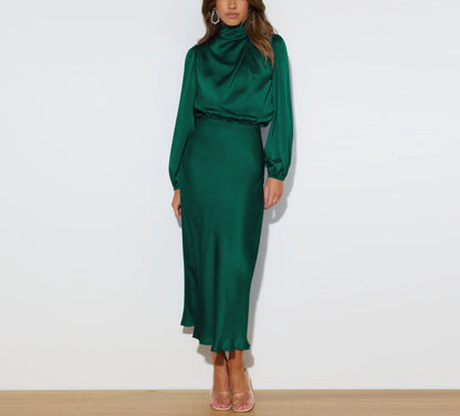 Women's Satin Maxi Dress – High Neck, Bishop Sleeves, Elegant Formal Style