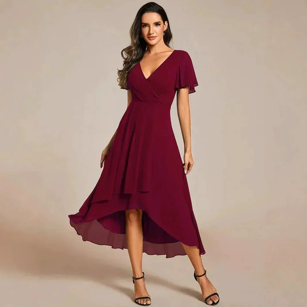 Women's Elegant Flowing A-Line Dress – V-Neck, Flutter Sleeve, Midi Length