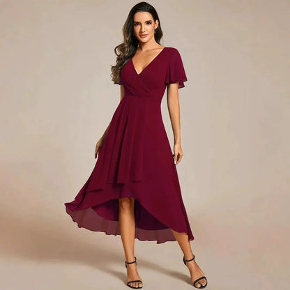 Women's Elegant Flowing A-Line Dress – V-Neck, Flutter Sleeve, Midi Length