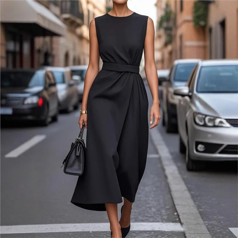 Women's Sleeveless Round Neck Midi Dress – Pleated Waist, Side Slit, Elegant