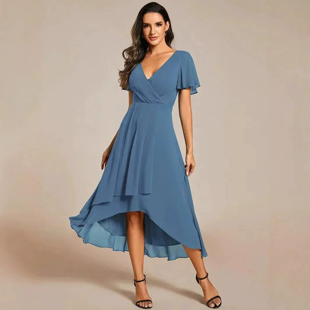 Women's Elegant Flowing A-Line Dress – V-Neck, Flutter Sleeve, Midi Length