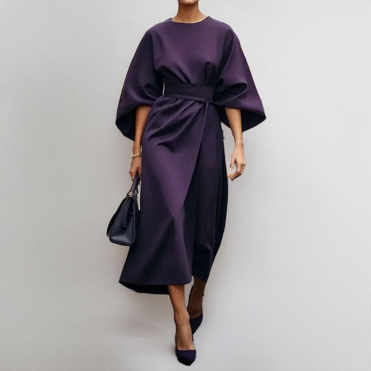 Women's Satin Batwing Sleeve Maxi Dress – Belted Waist, Elegant Formal Style