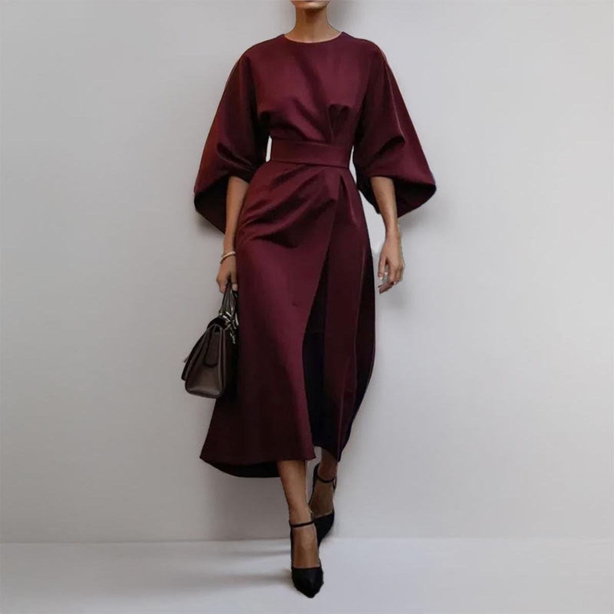 Women's Satin Batwing Sleeve Maxi Dress – Belted Waist, Elegant Formal Style