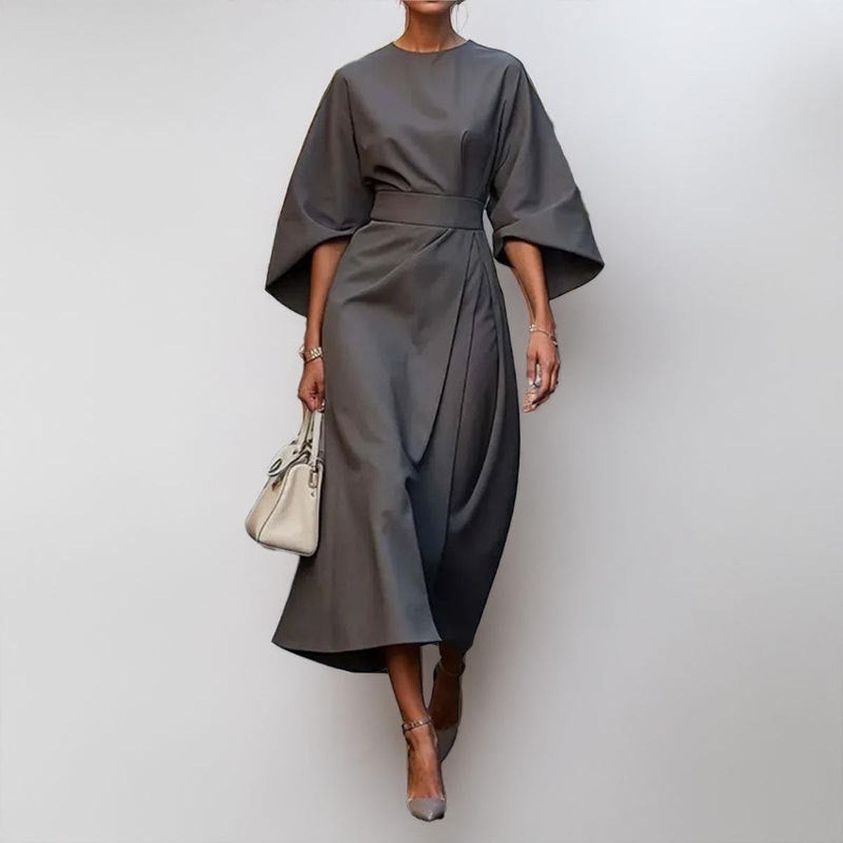 Women's Satin Batwing Sleeve Maxi Dress – Belted Waist, Elegant Formal Style