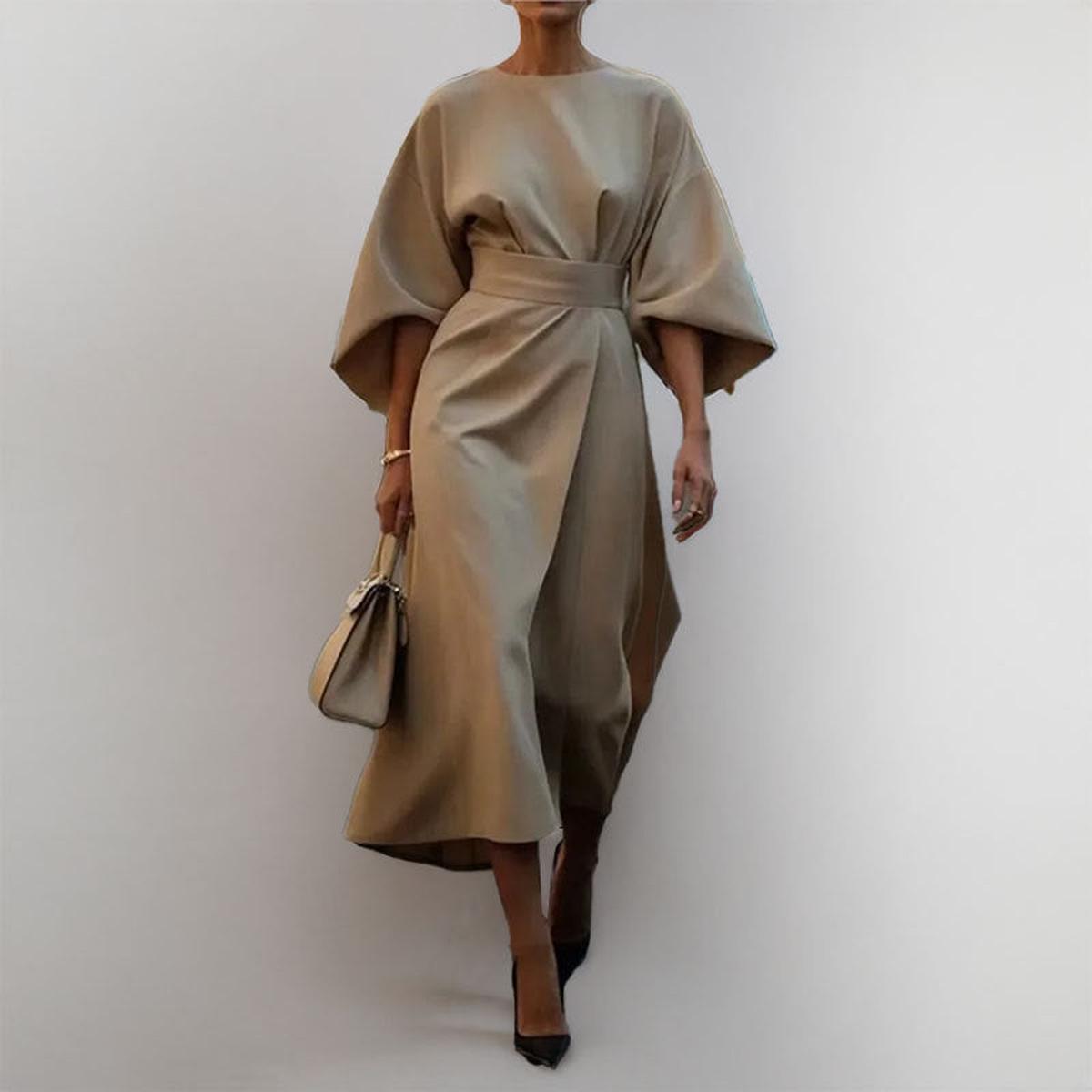 Women's Satin Batwing Sleeve Maxi Dress – Belted Waist, Elegant Formal Style