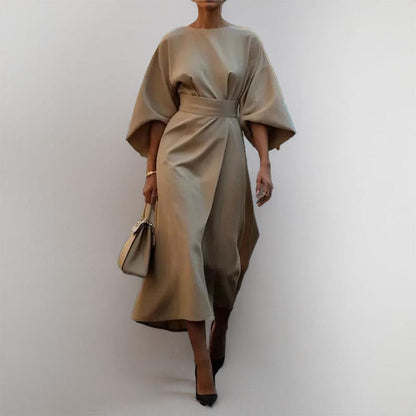 Women's Satin Batwing Sleeve Maxi Dress – Belted Waist, Elegant Formal Style