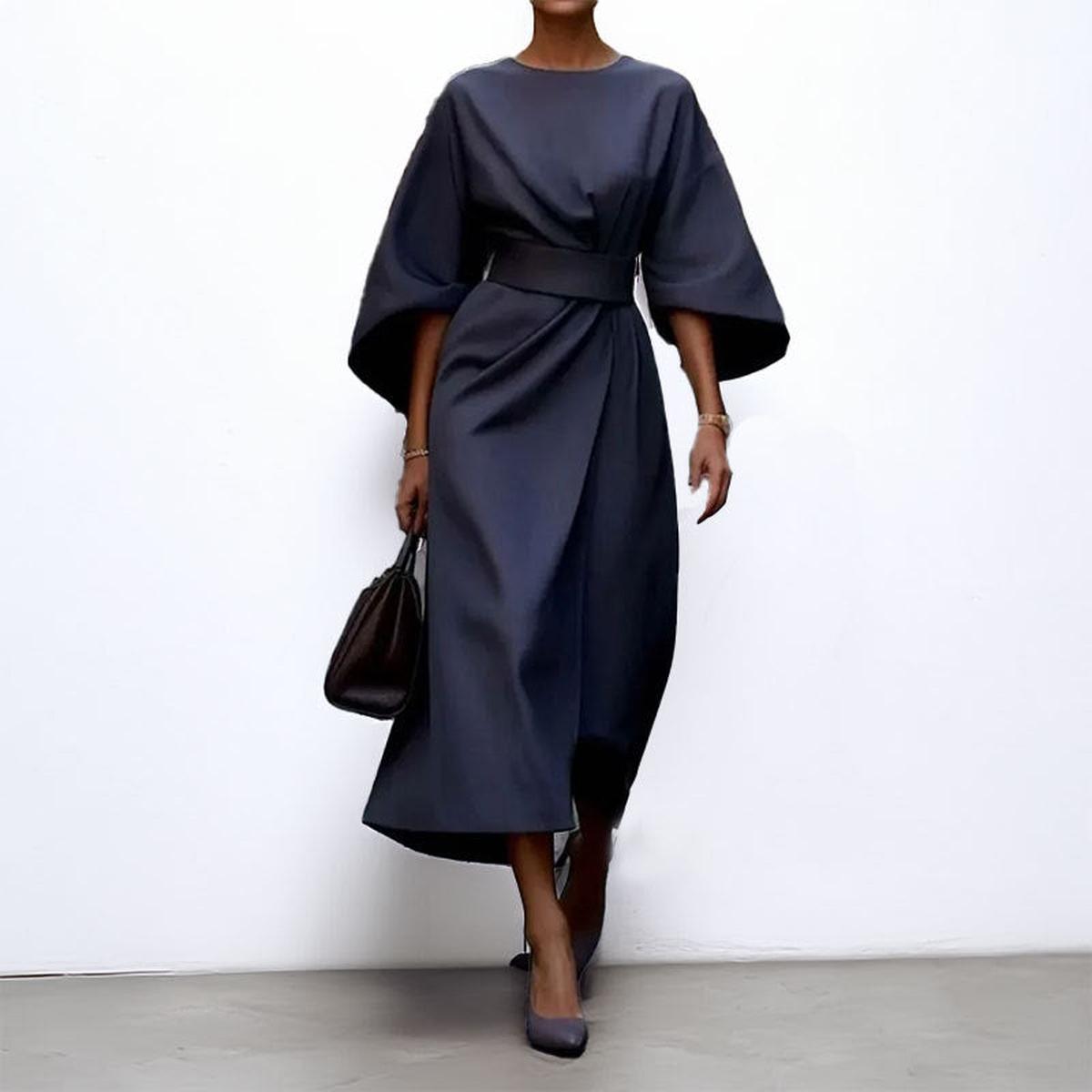 Women's Satin Batwing Sleeve Maxi Dress – Belted Waist, Elegant Formal Style