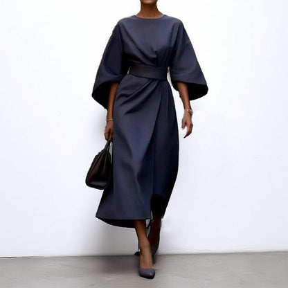 Women's Satin Batwing Sleeve Maxi Dress – Belted Waist, Elegant Formal Style