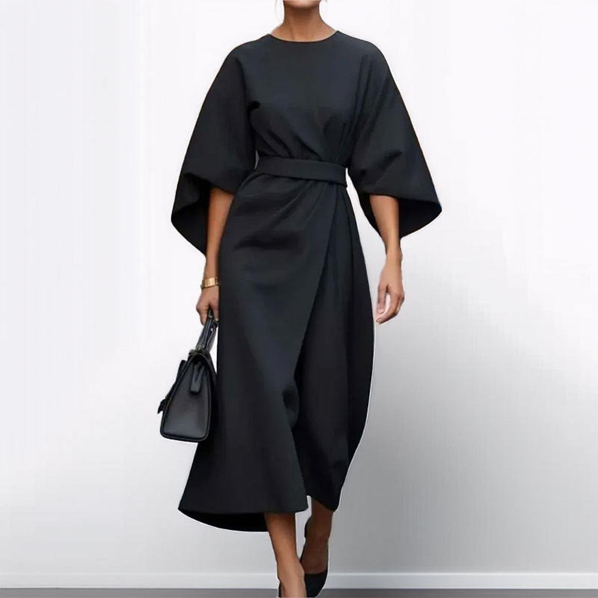 Women's Satin Batwing Sleeve Maxi Dress – Belted Waist, Elegant Formal Style