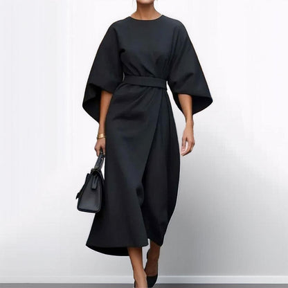 Women's Satin Batwing Sleeve Maxi Dress – Belted Waist, Elegant Formal Style