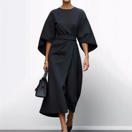 Women's Satin Batwing Sleeve Maxi Dress – Belted Waist, Elegant Formal Style