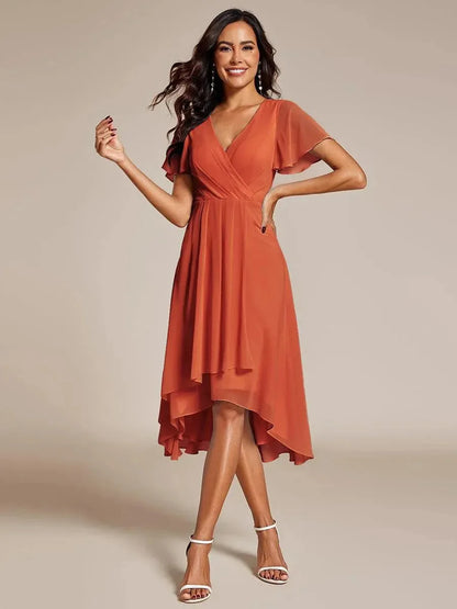Women's Elegant Flowing A-Line Dress – V-Neck, Flutter Sleeve, Midi Length
