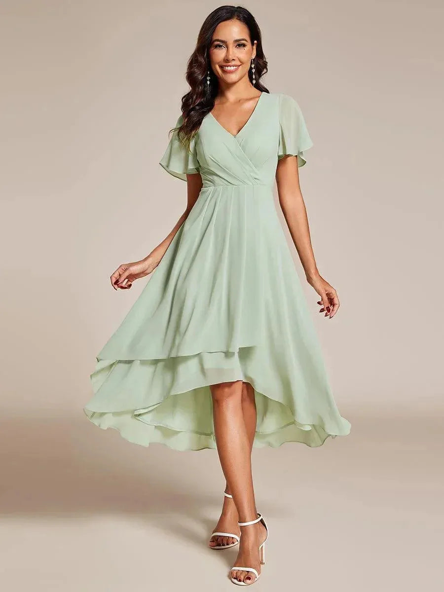 Women's Elegant Flowing A-Line Dress – V-Neck, Flutter Sleeve, Midi Length