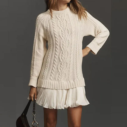 Women's Cable Knit Sweater Dress – Pleated Hem, Long Sleeve, Cosy Winter Style