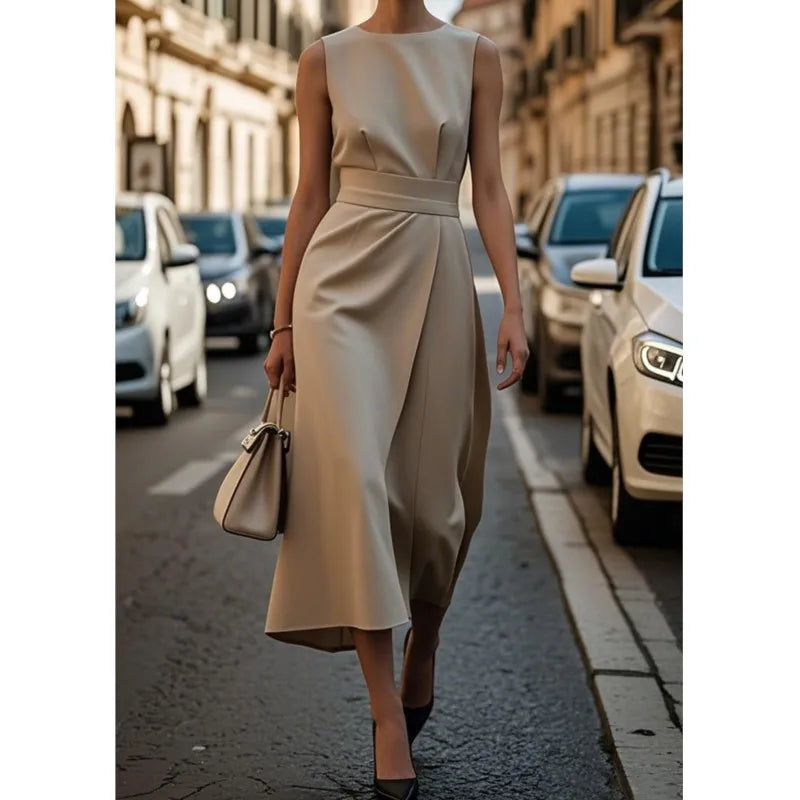 Women's Sleeveless Round Neck Midi Dress – Pleated Waist, Side Slit, Elegant