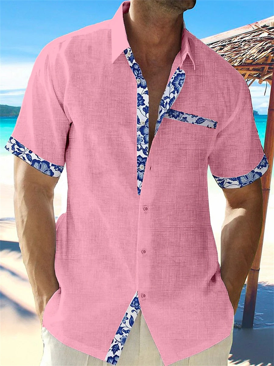Stylish Linen Shirt with Floral Trim for Men