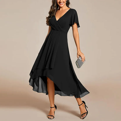 Women's Elegant Flowing A-Line Dress – V-Neck, Flutter Sleeve, Midi Length