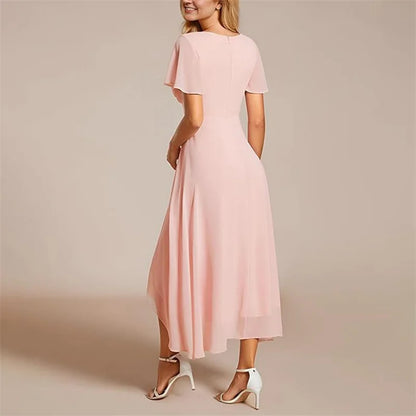 Women's Elegant Flowing A-Line Dress – V-Neck, Flutter Sleeve, Midi Length