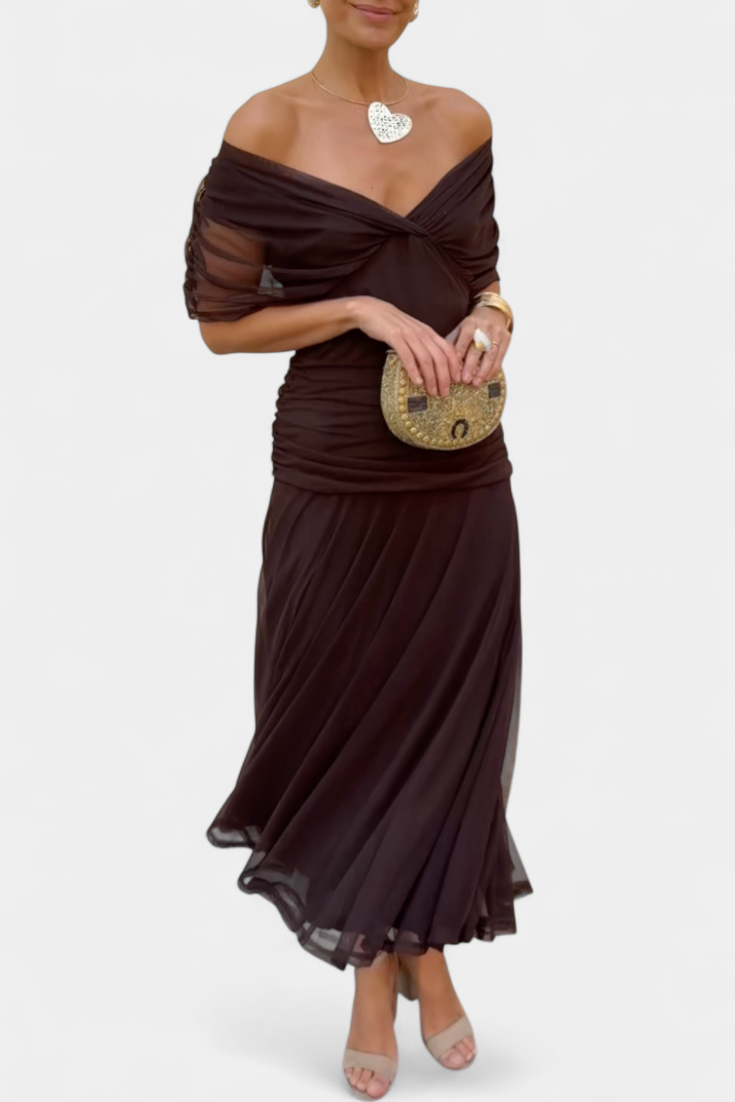 Women's Off-Shoulder Ruched Evening Dress – Flowing Skirt, Elegant Formal
