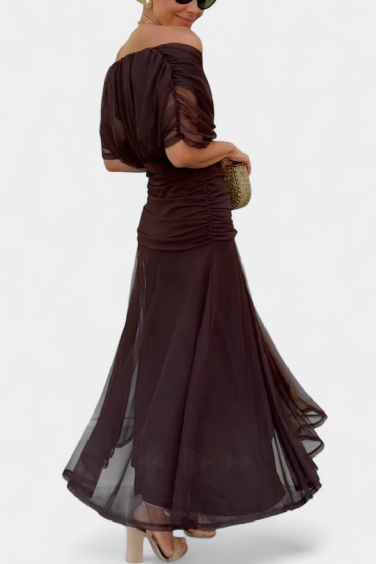 Women's Off-Shoulder Ruched Evening Dress – Flowing Skirt, Elegant Formal