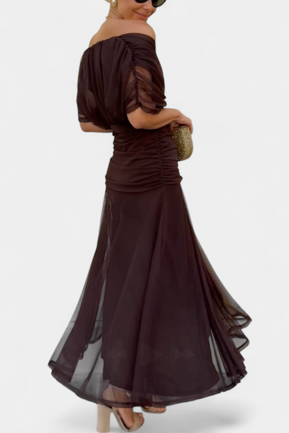 Women's Off-Shoulder Ruched Evening Dress – Flowing Skirt, Elegant Formal