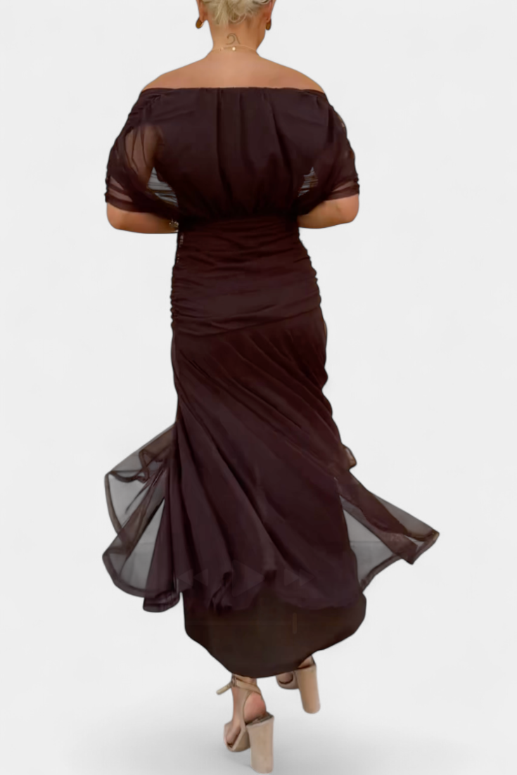 Women's Off-Shoulder Ruched Evening Dress – Flowing Skirt, Elegant Formal