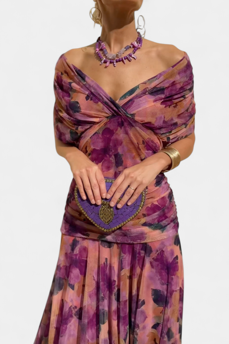 Women's Off-Shoulder Ruched Evening Dress – Flowing Skirt, Elegant Formal