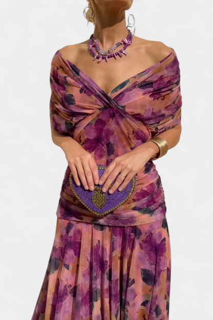 Women's Off-Shoulder Ruched Evening Dress – Flowing Skirt, Elegant Formal
