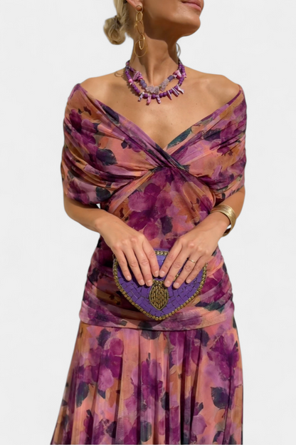 Women's Off-Shoulder Ruched Evening Dress – Flowing Skirt, Elegant Formal