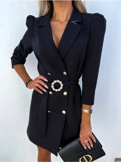 Women's Printed Collar Midi Dress – Double Breasted, Belted, Tailored Fit