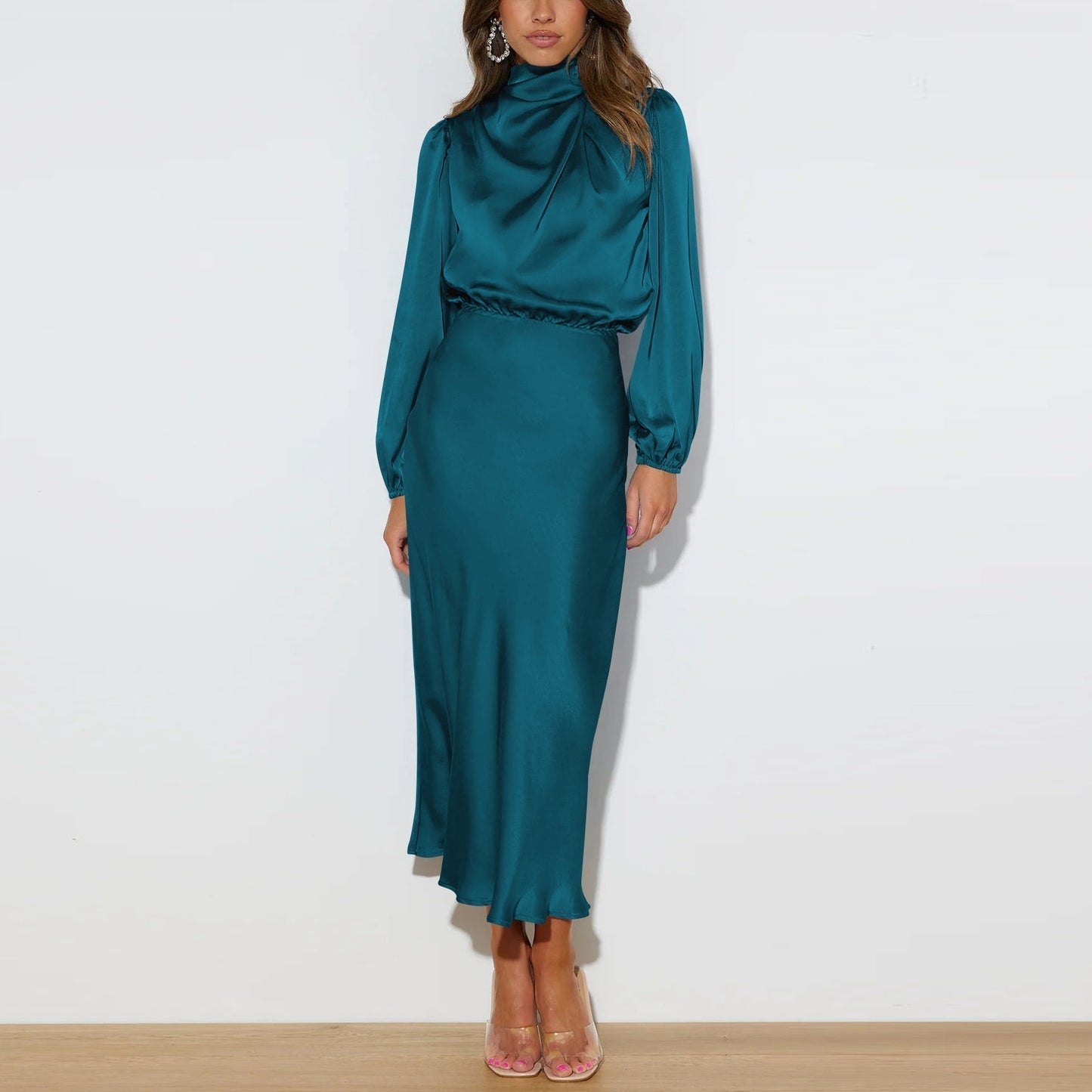 Women's Satin Maxi Dress – High Neck, Bishop Sleeves, Elegant Formal Style