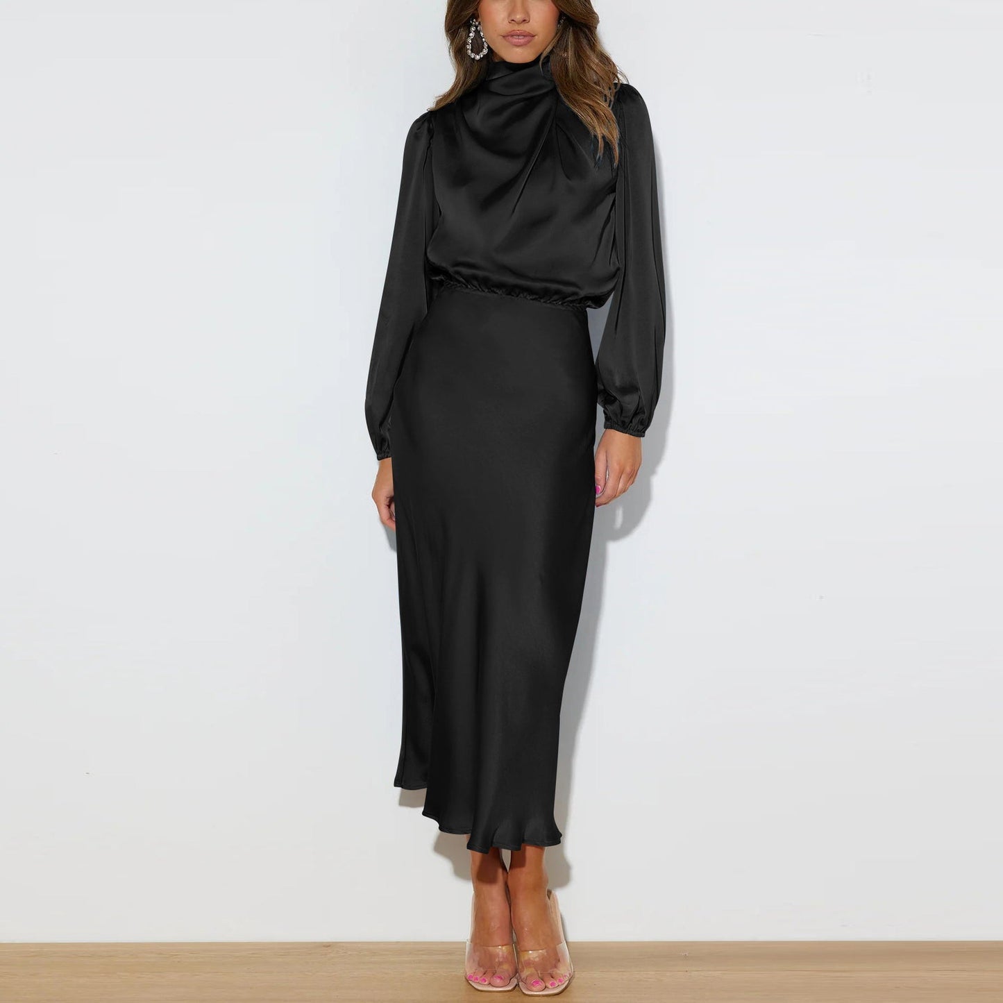 Women's Satin Maxi Dress – High Neck, Bishop Sleeves, Elegant Formal Style