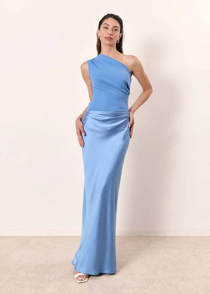 Women's One-Shoulder Satin Maxi Dress – Ruched Bodice, Elegant Formal Style