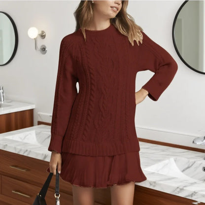 Women's Cable Knit Sweater Dress – Pleated Hem, Long Sleeve, Cosy Winter Style