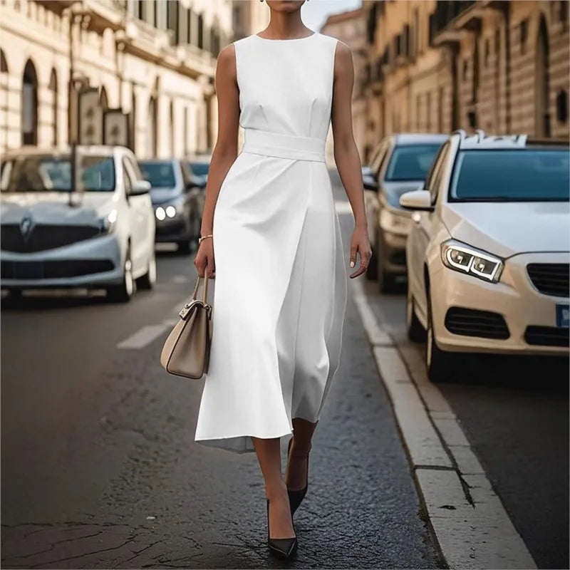 Women's Sleeveless Round Neck Midi Dress – Pleated Waist, Side Slit, Elegant