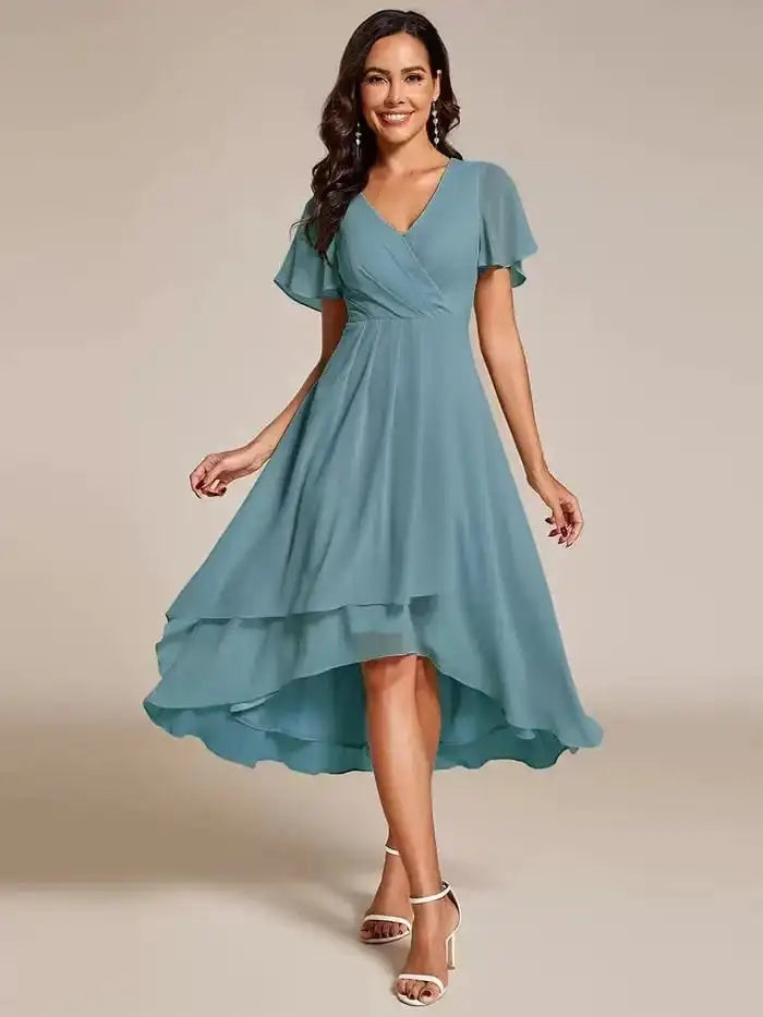 Women's Elegant Flowing A-Line Dress – V-Neck, Flutter Sleeve, Midi Length