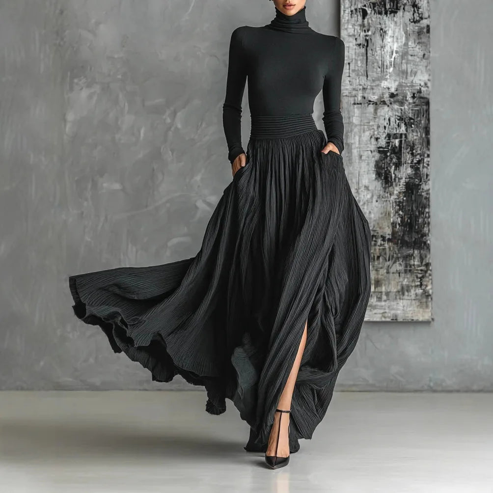 Women's High Waist Pleated Maxi Skirt & Fitted Shirt Set – Elegant Style