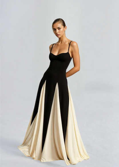 Women's Elegant Sweetheart Maxi Dress – Fitted Bodice, Two-Tone Formal Style