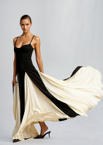 Women's Elegant Sweetheart Maxi Dress – Fitted Bodice, Two-Tone Formal Style