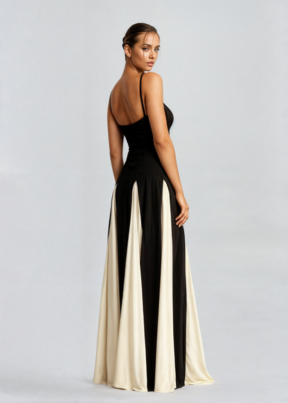 Women's Elegant Sweetheart Maxi Dress – Fitted Bodice, Two-Tone Formal Style