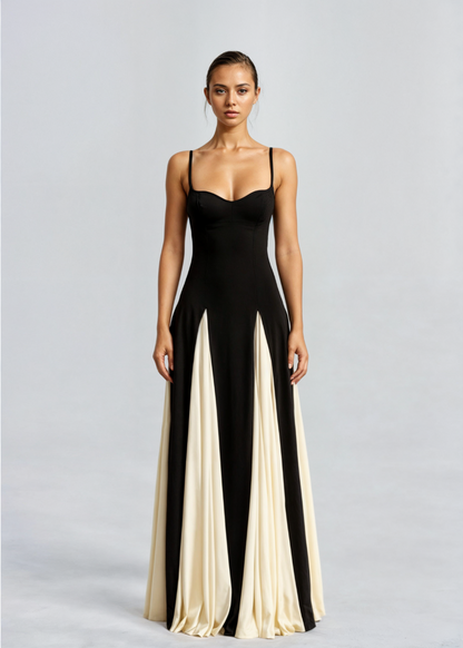 Women's Elegant Sweetheart Maxi Dress – Fitted Bodice, Two-Tone Formal Style
