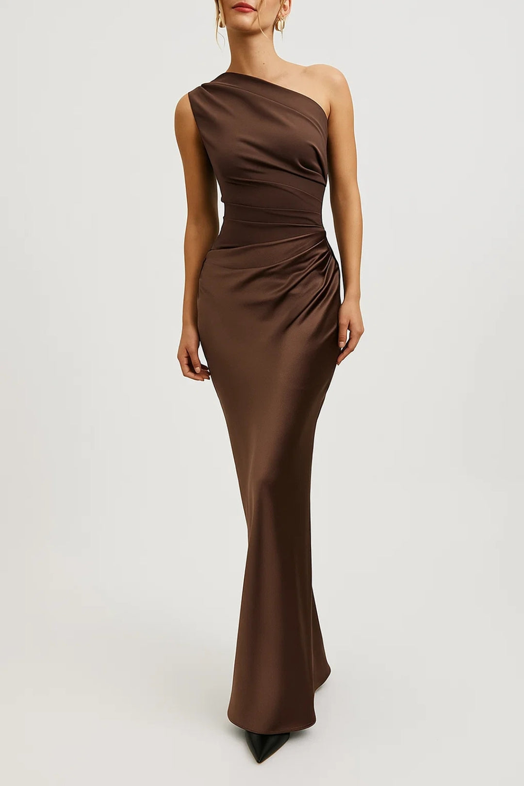 Women's Satin One-Shoulder Evening Gown – Asymmetric, Floor Length, Formal