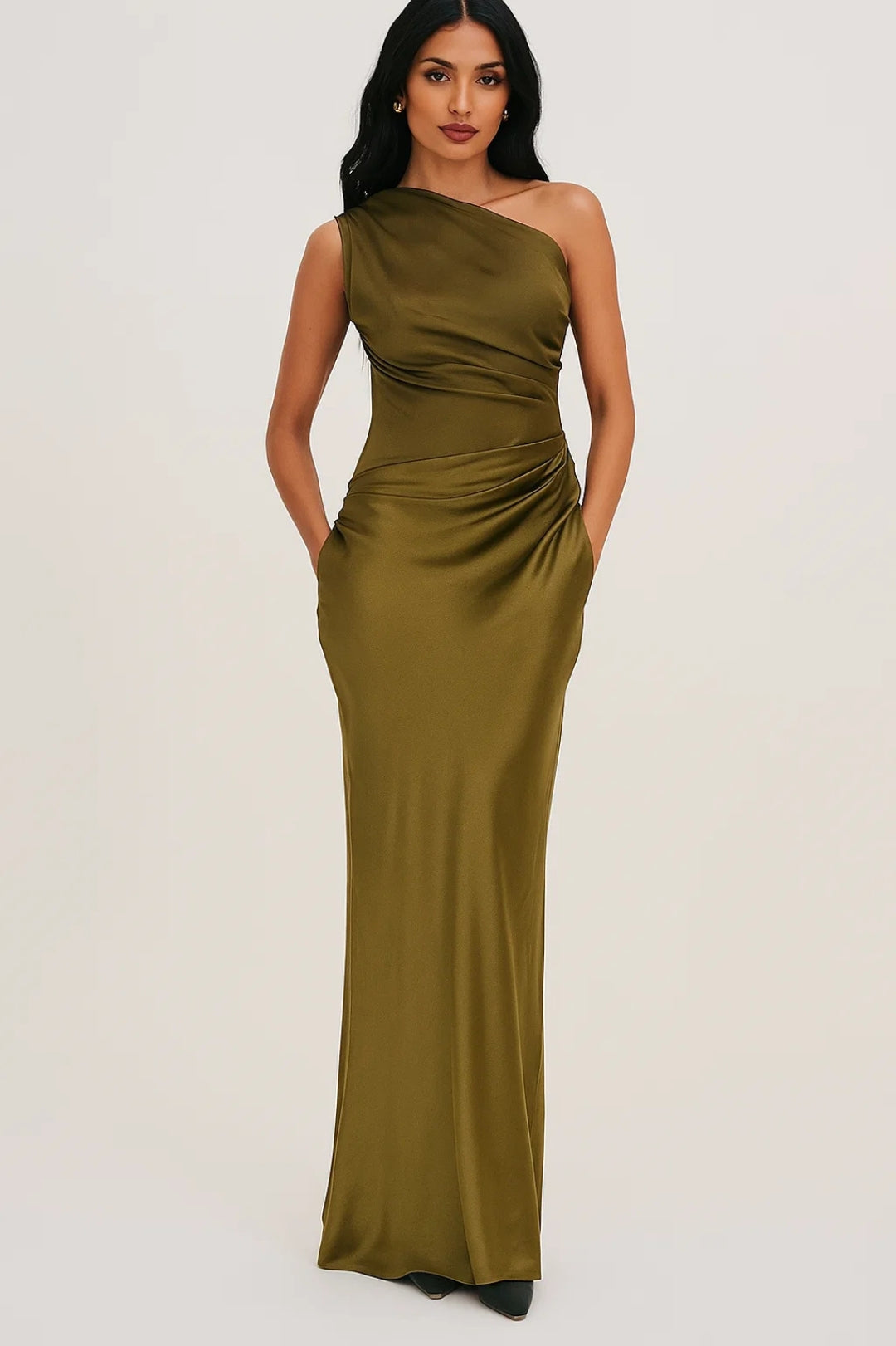 Women's Satin One-Shoulder Evening Gown – Asymmetric, Floor Length, Formal