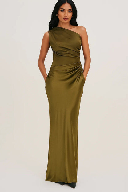 Women's Satin One-Shoulder Evening Gown – Asymmetric, Floor Length, Formal